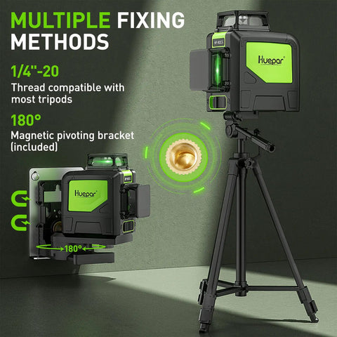 Cross Line Laser Level With 2x360 Green Beams on tripod, showcasing magnetic pivoting base and various fixing methods