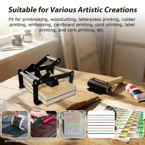 Versatile Hand Lever Linocut Printing Press With Rubber Roller And Felt Pad Handy for Linocut and Woodcut Projects on table