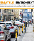 Rock Solid Galvanized Steel Parking Bollards With Concrete Anchors 29.5 X 3 Inch Heavy Duty Safety Posts lining a busy street.