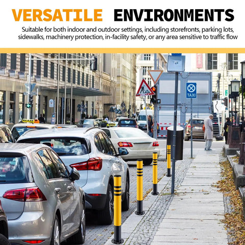 Rock Solid Galvanized Steel Parking Bollards With Concrete Anchors 29.5 X 3 Inch Heavy Duty Safety Posts lining a busy street.