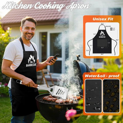 Man grilling in apron from 26-Piece Grilling Tools Set For Men And Dads, Fathers Day Gift Ready