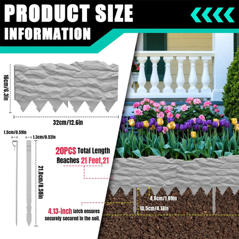 Interlocking Garden Edging Border Kit With Spikes, 20 Ft Of Durable Plastic Lawn Edging With Stone Texture shown installed in a yard