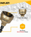 Side view of gold CONQUER deburring external chamfer tool with a 1/4 in hex shank and quick-release design