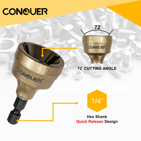 Side view of gold CONQUER deburring external chamfer tool with a 1/4 in hex shank and quick-release design