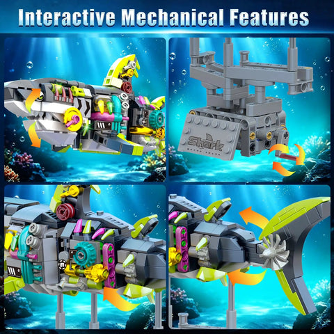 Glow In The Dark Mechanical Shark Building Set With 747 Pieces Realistic Ocean Creature Model Kit Featuring Rotating Jaws And Fins Linkage Function And Display Stand STEM Toy Gift For Kids Teens And Adults, close-up of rotating shark tail and jaws