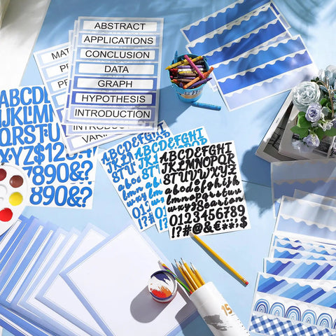 Blue Boho 60 Trim Scalloped Poster Boards Set With 18 Presentation Subtitles 6 Self Adhesive Project Titles And 8 Letter Stickers