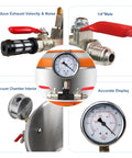 Collage of BACOENG 5-Gallon tempered glass lid vacuum chamber with stainless steel body; gauge, red lever valve, and 1/4" port