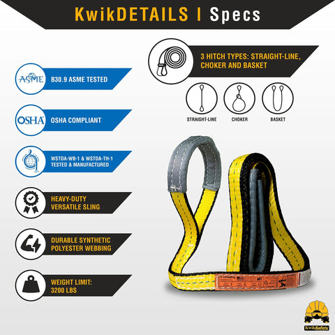 KwikSafety Mighty Sumo 1in x 8ft poly web lifting sling, yellow and gray with protective sleeve