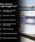 Genuine Game Changing Nugget Ice Maker With Smart Wifi App and Built In Scale Fighting Filter Makes Hella Crisp Chewable Pellet Ice Fast on countertop.