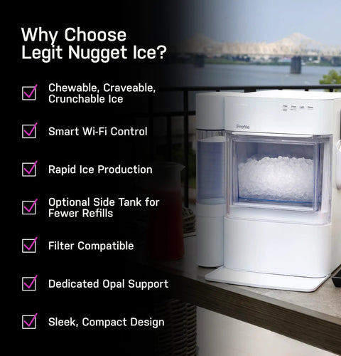 Genuine Game Changing Nugget Ice Maker With Smart Wifi App and Built In Scale Fighting Filter Makes Hella Crisp Chewable Pellet Ice Fast on countertop.