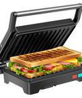 Upgrade Your Kitchen Game With This 1000W Panini Press And Grill, featuring grilled sandwich with lettuce and ham.