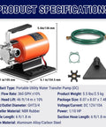 Top Tier Heavy Duty 12V DC Water Transfer Pump With Smooth 360 GPH Flow Rate And A Hella Tough 46 Foot Max Lift showing specifications and components.