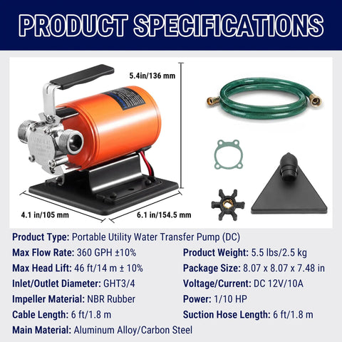 Top Tier Heavy Duty 12V DC Water Transfer Pump With Smooth 360 GPH Flow Rate And A Hella Tough 46 Foot Max Lift showing specifications and components.