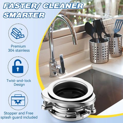 Heavy Duty Twist Lock Garbage Disposal Flange Kit Designed For Hassle Free Kitchen Sink Drain Replacement Plus Super Breezy Home Upgrade With Sleek Silver Finish, polished 304 stainless steel, sink scene.