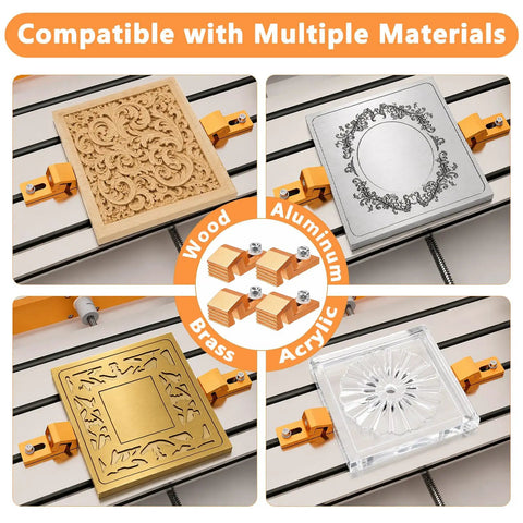 Heavy Duty Aluminum CNC Hold Down Clamps for Woodworking demonstrating compatibility with wood, aluminum, brass, and acrylic materials.