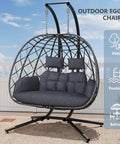 Two Person Double Egg Swing Chair With Stand For Outdoor And Indoor Hangout Cozy Cushions And Headrests Weatherproof Wicker Sturdy Steel Frame 650 Lbs Capacity Dark Gray