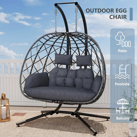 Two Person Double Egg Swing Chair With Stand For Outdoor And Indoor Hangout Cozy Cushions And Headrests Weatherproof Wicker Sturdy Steel Frame 650 Lbs Capacity Dark Gray