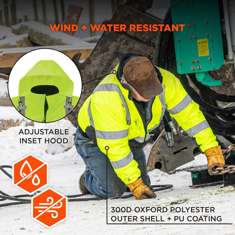 Worker in Hi Vis Lime GloWear Type R Class 3 Quilted Bomber Jacket Insulated 160g Built For The Jobsite, wind and water resistant