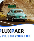 Vintage green car driving on a highway with road sign for Pluxpaer and Happiness, promotes Pluxpaer brand slogan 'A Plus in Your Life'.