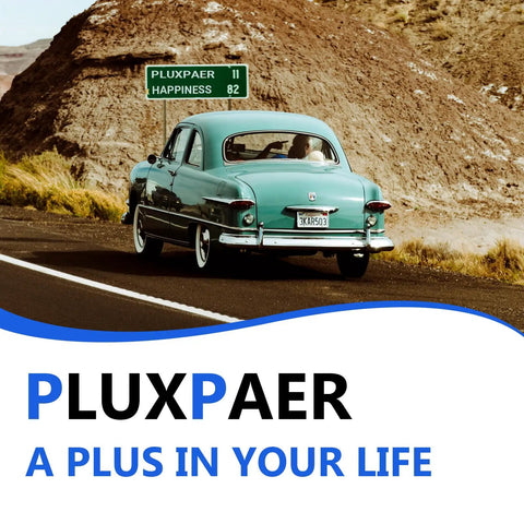Vintage green car driving on a highway with road sign for Pluxpaer and Happiness, promotes Pluxpaer brand slogan 'A Plus in Your Life'.