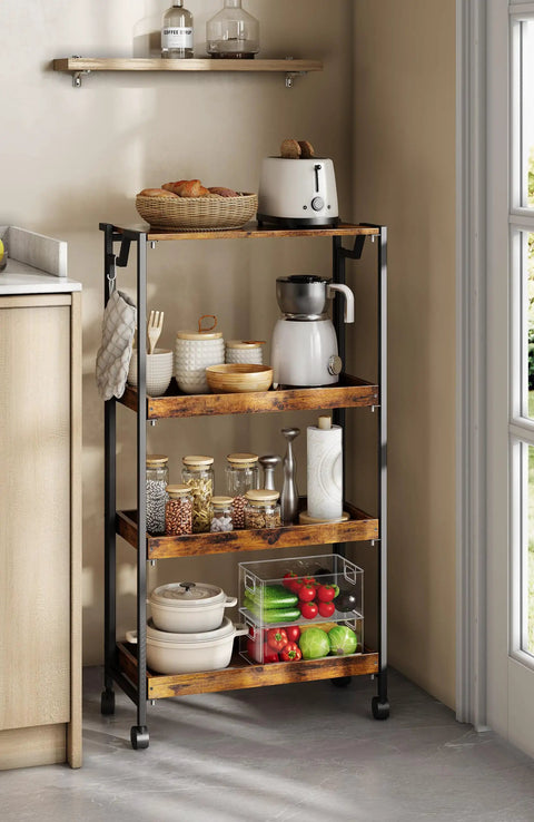 Large 4-Tier Collapsible Wooden Storage Shelf With Heavy Duty 100 Lb Capacity And Locking Wheels Space Saving Organizer in kitchen
