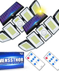 Solar Lights Outdoor Motion Sensor Ultra Bright Security Flood Light with remote controls and packaging displayed.