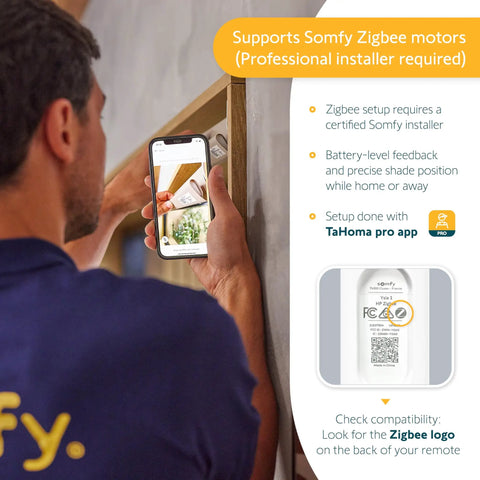 Person using TaHoma Switch Hub For RTS Motors With App And Voice Control Scenes And Schedules Ethernet Adapter Included Manage Up To 40 RTS Channels For Easy Smart Home Shading Of Motorized Shades Blinds Curtains And Awnings From Your Phone app on phone