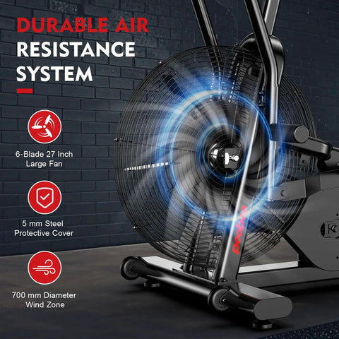 Close-up of Air Resistance Fan Bike With Dual Action Handlebars And Dual Layer Transmission showing 6-blade 27-inch fan.