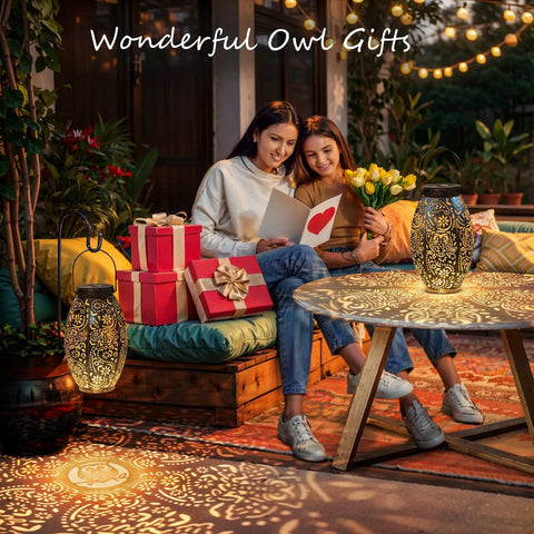 Two Pack Owl Solar Lanterns Outdoor Lights Waterproof Large Antique Bronze Garden Decor illuminating patio scene