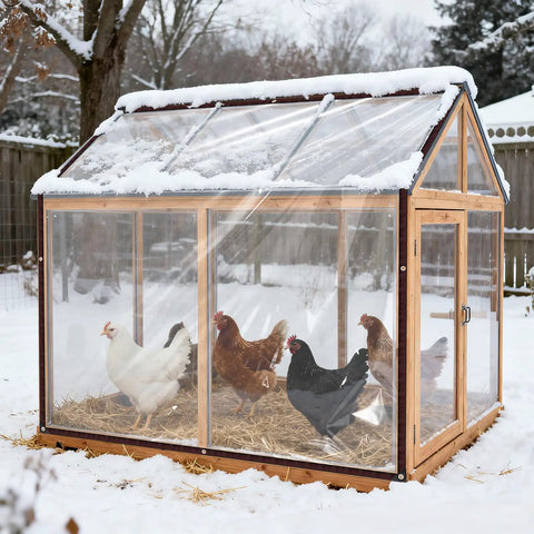Crystal Clear Waterproof Tarp 4x6 Feet Extra Thick 8 Mil Vinyl UV Resistant covering a chicken coop in winter snow.