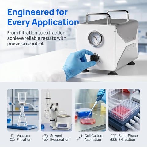 Portable Oilless Diaphragm Vacuum Pump For Lab Filtration Featuring Adjustable Speed And Real Time Pressure Monitor Supports 24 Hour Continuous Use With No Maintenance Required Includes Hose And Carry Handle Ideal For Sensitive Sample Processing