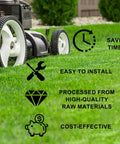 Lawnmower on grass with benefits listed: save time, easy to install, made from high-quality materials, cost-effective.