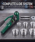 No Hassle Heavy Duty Hydraulic Knockout Punch And Electrical Conduit Hole Cutter Kit With Six Die Sets Half To Two Inches includes dies and hydraulic tool.