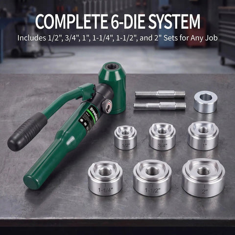 No Hassle Heavy Duty Hydraulic Knockout Punch And Electrical Conduit Hole Cutter Kit With Six Die Sets Half To Two Inches includes dies and hydraulic tool.