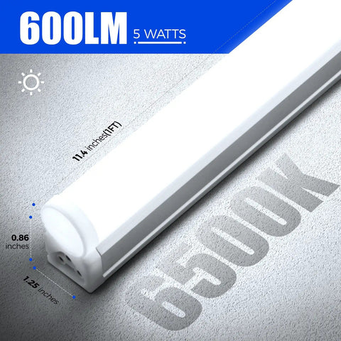 Six Pack One Foot T5 LED Linkable Light Fixtures With 600 Lumen Output 6500K Cool White Dope Bright Under Cabinet Shop Lights