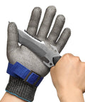 Hand wearing SlicePro ANSI A9 Cut Resistant Glove With Stainless Steel Mesh, holding a knife, showcasing cut protection, Large Size.