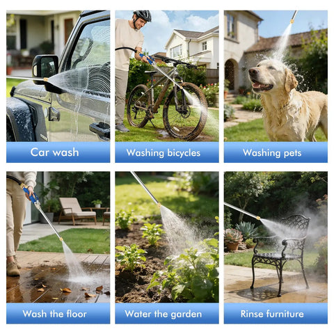 High Pressure Power Washer Kit With Extendable Spray Wand And Pressure Washer Gun cleaning various outdoor items