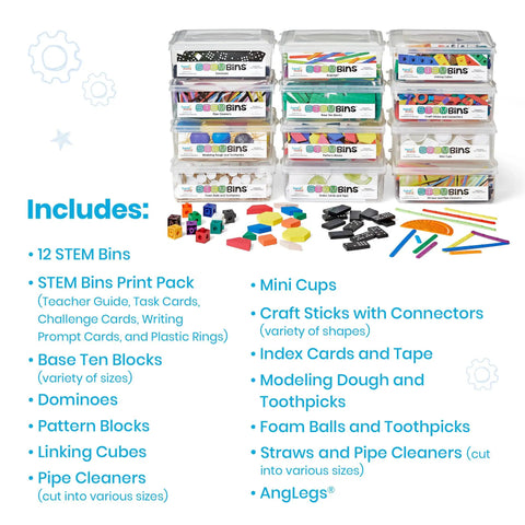 Must-Have STEM Bins Classroom Kit By Brooke Brown Set Of 12 with labeled bins and manipulatives for hands-on activities.