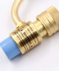 Close-up of blue nozzle and brass connector of Triple Head MAPP Torch With Metal Body, 360 Degree Swivel Flame, Triple Tube Design