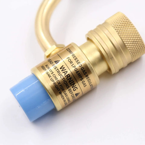 Close-up of blue nozzle and brass connector of Triple Head MAPP Torch With Metal Body, 360 Degree Swivel Flame, Triple Tube Design