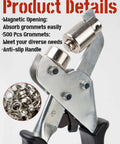 DIY Grommet Kit With 3/8 Inch Metal Grommets, Hand Press Tool, Pliers And 500 Silver Eyelets, Close-up of Grommet Pliers and Features