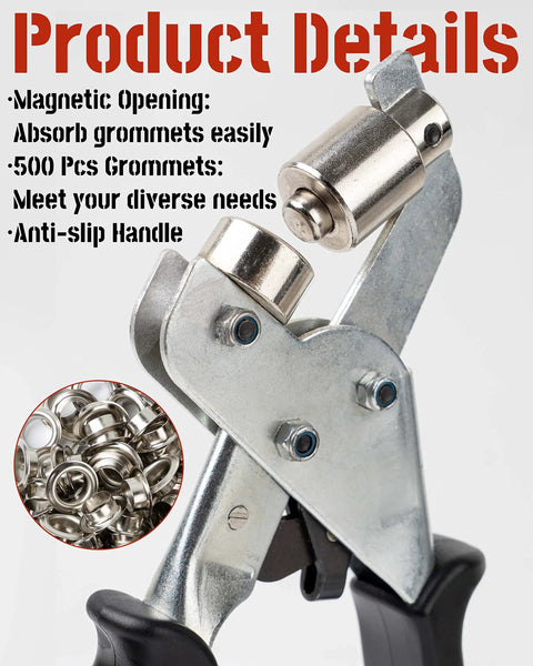 DIY Grommet Kit With 3/8 Inch Metal Grommets, Hand Press Tool, Pliers And 500 Silver Eyelets, Close-up of Grommet Pliers and Features