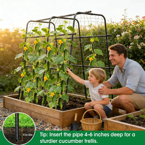 Father and son near U Shaped Metal Garden Trellis For Climbing Cucumbers And Vines, 47 Inch High, in raised bed with netting.