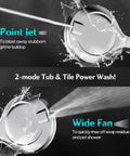 Close-up of high pressure shower head jets, featuring point jet and wide fan modes, emphasizing powerful water flow, stainless steel design.