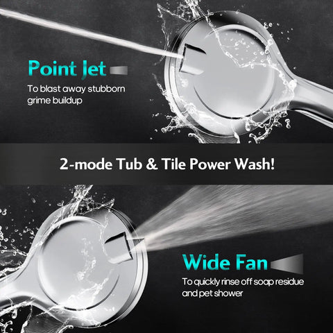 Close-up of high pressure shower head jets, featuring point jet and wide fan modes, emphasizing powerful water flow, stainless steel design.