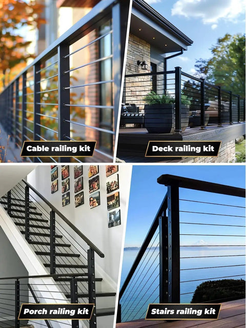 1/8 Black Stainless Steel Cable 500 ft Heavy Duty 7x7 Core railing kits for decks, porches, and stairs shown in various installations
