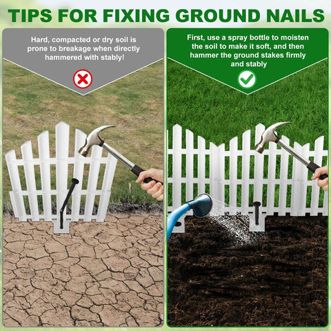 Tips for fixing ground nails with No Dig Garden Edging Border Kit 13 Ft White 14.6 Inch Tall showing two installation methods.