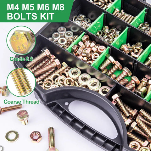 Grade 8.8 Metric Bolt And Nut Kit with M4 M5 M6 M8 Bolts Yellow Zinc Plated, 907pc Fastener Set in storage box, auto machinery DIY use