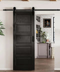 30 Inch By 84 Inch Sliding Barn Door With Hardware Kit Black Finish Sleek Modern Five Lite Panel Waterproof PVC Surface