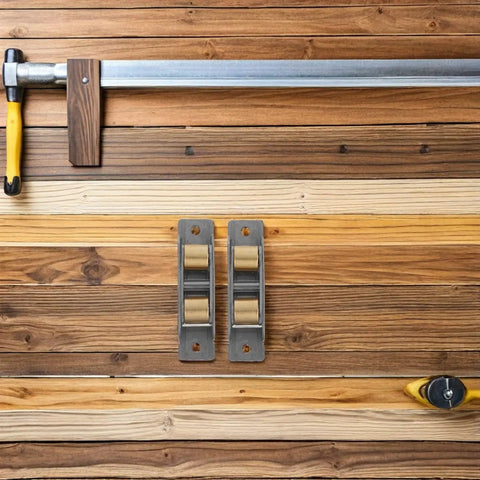 Top Tier Two Pack Stainless Steel Sliding Window Roller Assembly With Double Wheel Bearing And Hella Smooth Track Glide For Heavy Duty Glass Doors Built Different on wooden background.